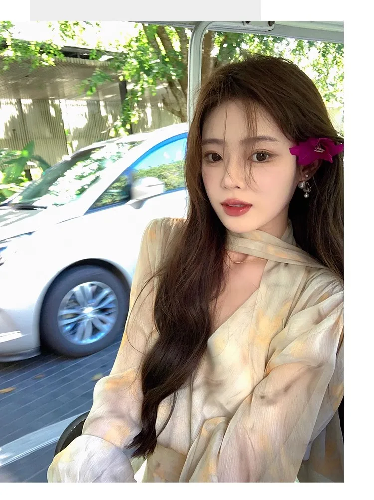 Elegant Chiffon Short Dresses for Women V-neck Lantern Sleeves Ruffles A-line Summer New Holiday Style Printed Vestidos Mujer