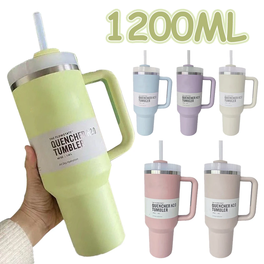 손잡이 뚜껑이 달린 텀블러, 진공 단열 아이스 커피 머그잔, 보온병 컵, 실리콘 부츠, 빨대 40 OZ 