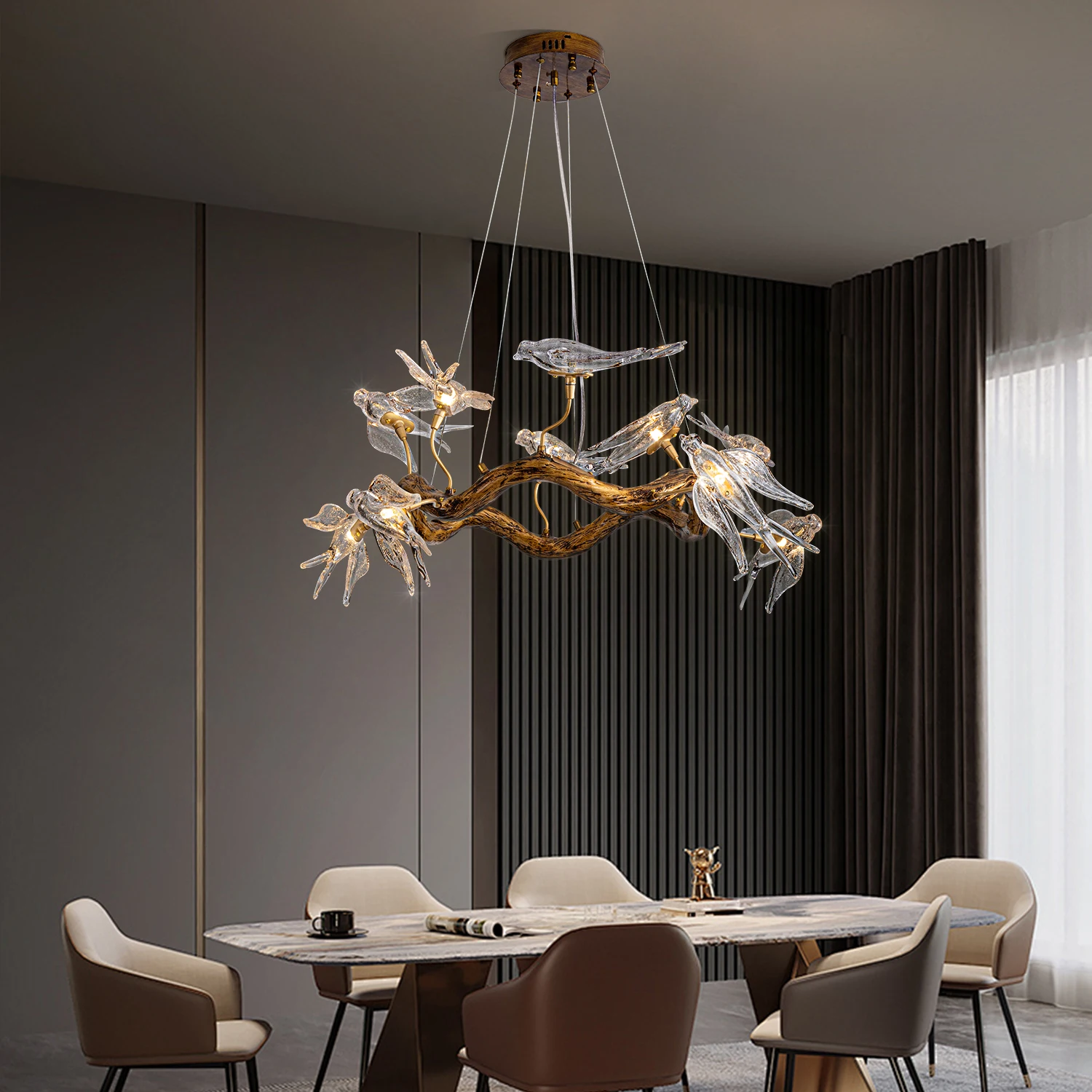 Vintage Round Glass Bird Ceiling Chandelier Swallow Long Dining Table Living Room Luxury Branch Pendant Chandelier Lamp Designer Led Chandelier Ceiling Chandelier Led Pendant Light