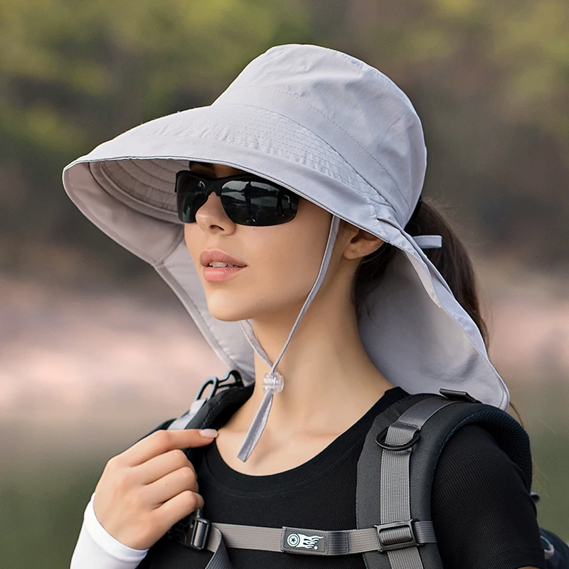 Kvinnor Stor brättad solhatt Hinkhatt Sommar Utomhusfiske Vandring UV Anti-nackskydd Sjal Visir Keps Dammössa Hatt_voghion.com