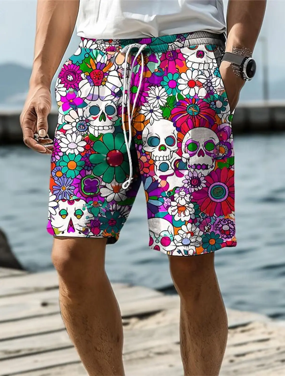 thumbnail image 1 of Bañador con estampado 3D de calavera y flores para hombre, estilo hawaiano, con cintura elástica y cordón, para vacaciones y playa, 2024, 1 of 5