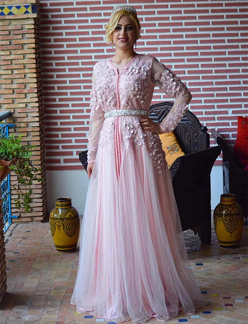 

Женское вечернее платье с цветочной 3D аппликацией, розовое марокканское платье трапециевидной формы с длинными рукавами для выпускного вечера и особых случаев