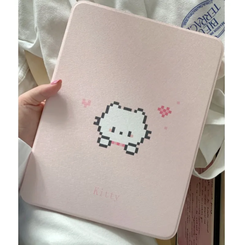 Kawaii Pixel Kitty Cat iPad Case with 360 Rotating Stand and Pencil Holder