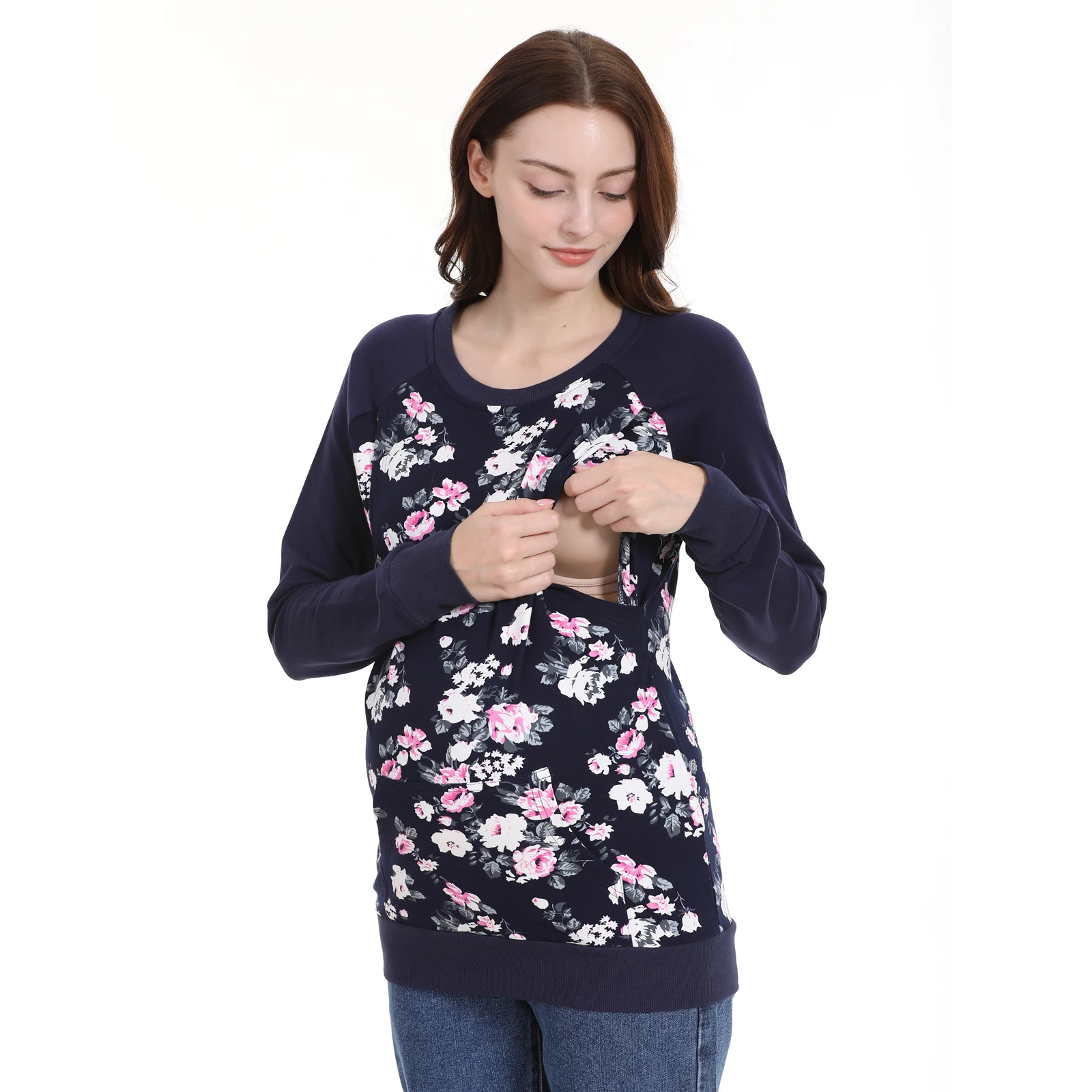 Autumn Winter Pregnancy Clothes Long Sleeve Maternity Tops Floral Breastfeeding Hoodies Nursing Sweatshirt