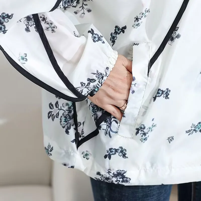 Korean Print Mid-Length Sun Protection Clothing Women Cardigan Jacket Hooded Spring Summer Zipper Windbreaker Female 2022
