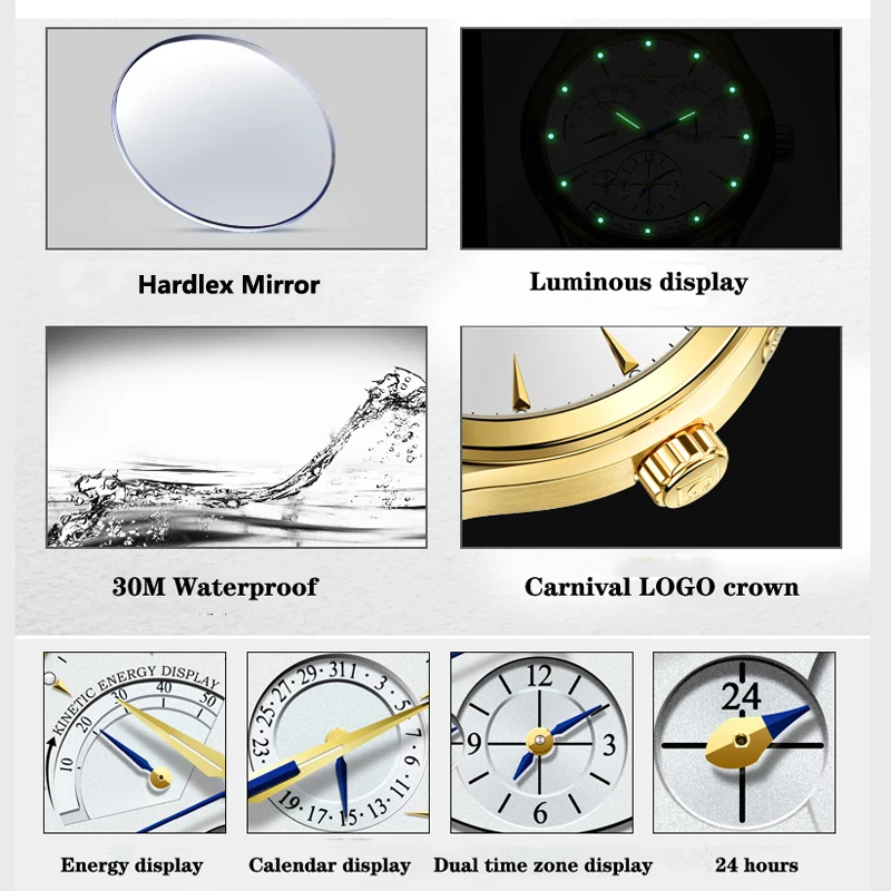 Mechanical Watches Men CARNIVAL Kinetic Energy Dual Time Display Sports Automatic Waterproof mechanical watch