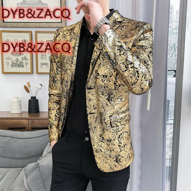 

DYB&ZACQ Gold Cashew Flowers Printed Luxury Blazers Men Slim Fit Silver Stage Costumes for Singers Mens Fashionable Suit Jackets
