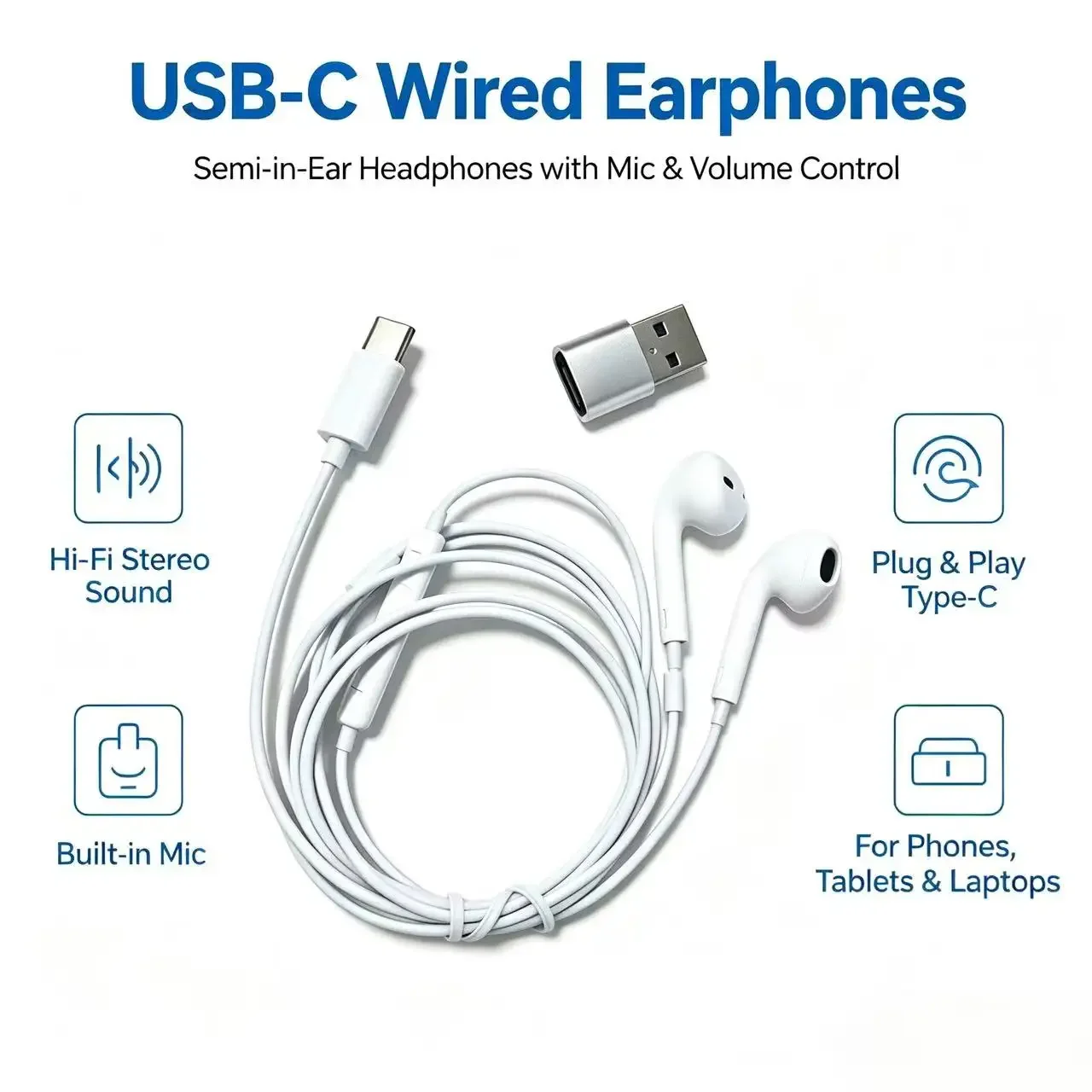 Type-C Wired Semi-in-Ear Earphones with Mic and Volume Control - Includes USB Adapter