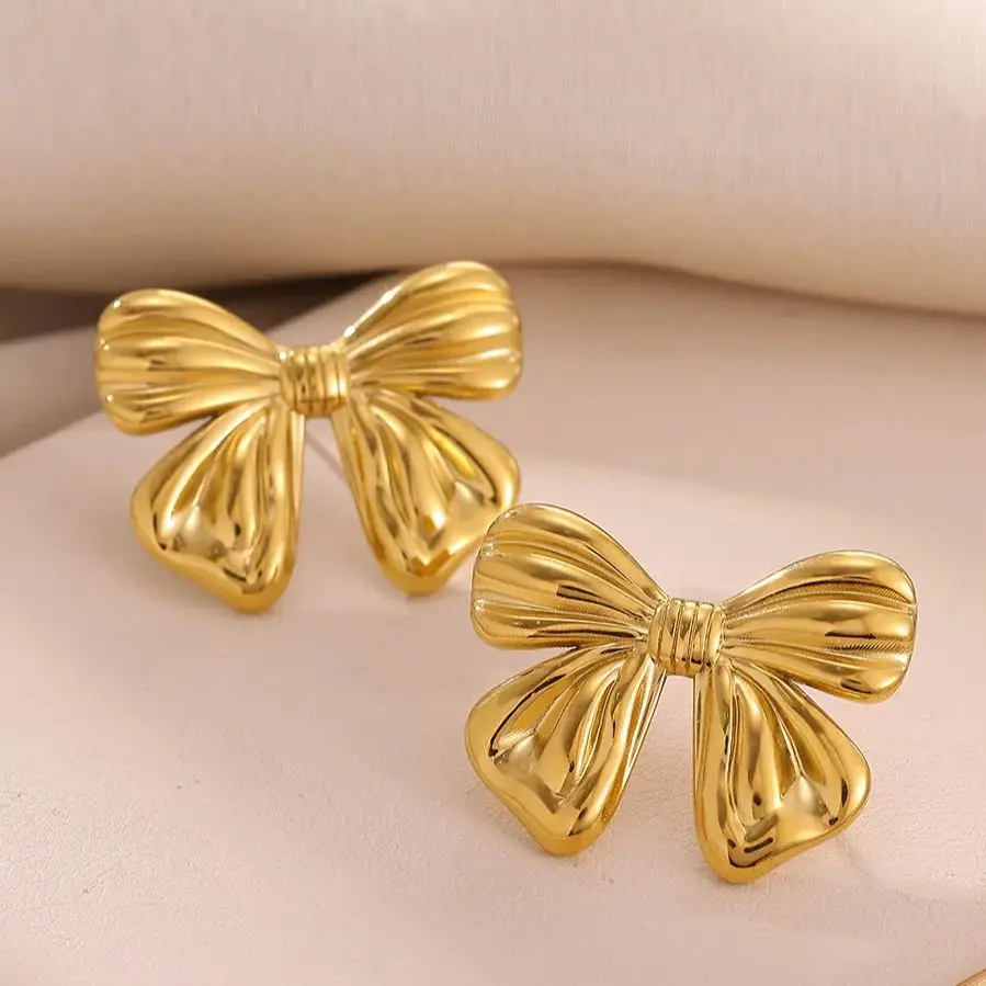 Elegant Bowknot Stud Earrings for Women Gold Color Stainless Steel