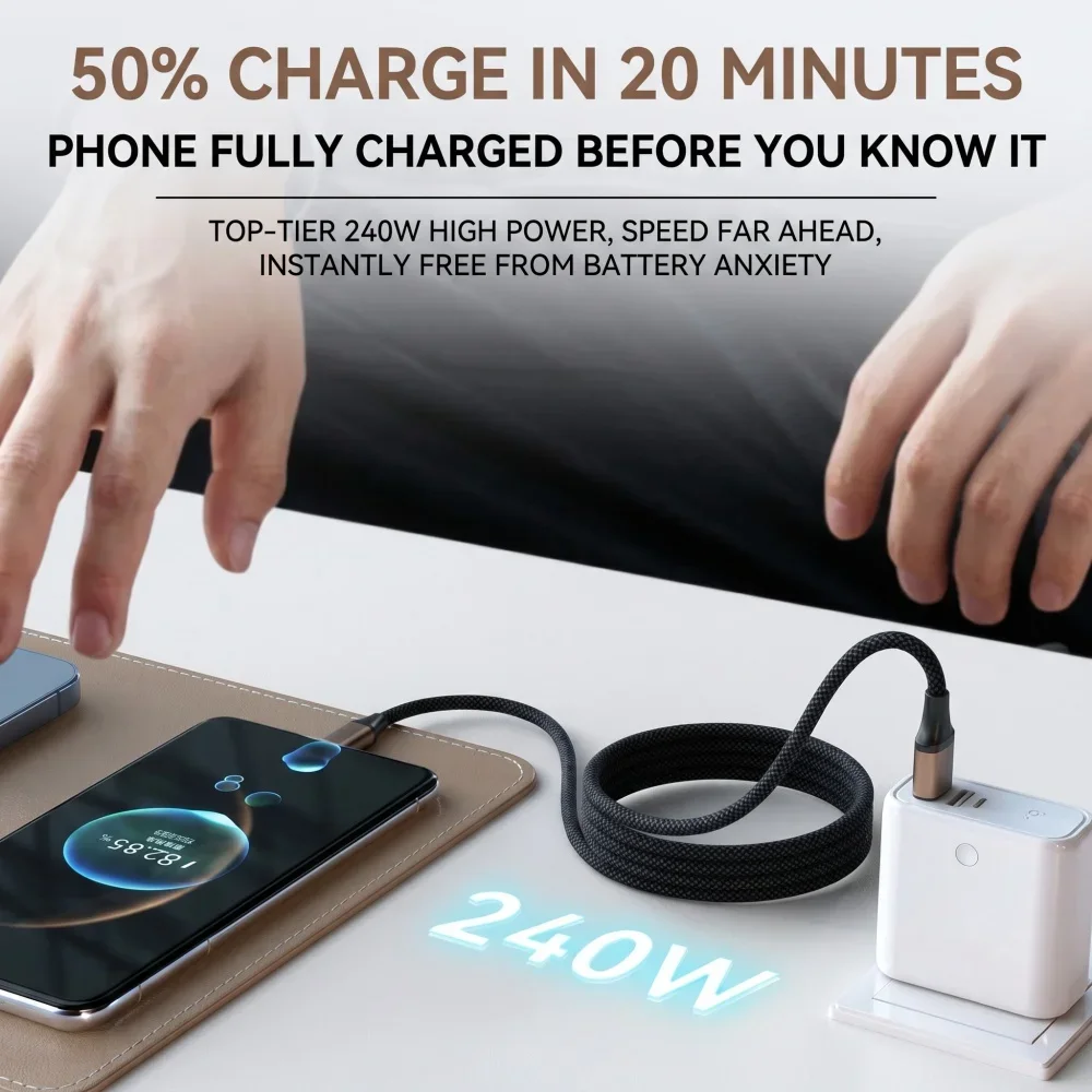 High-Speed 240W Magnetic USB-C Fast Charging Cable with USB-A to USB-C Data Wire