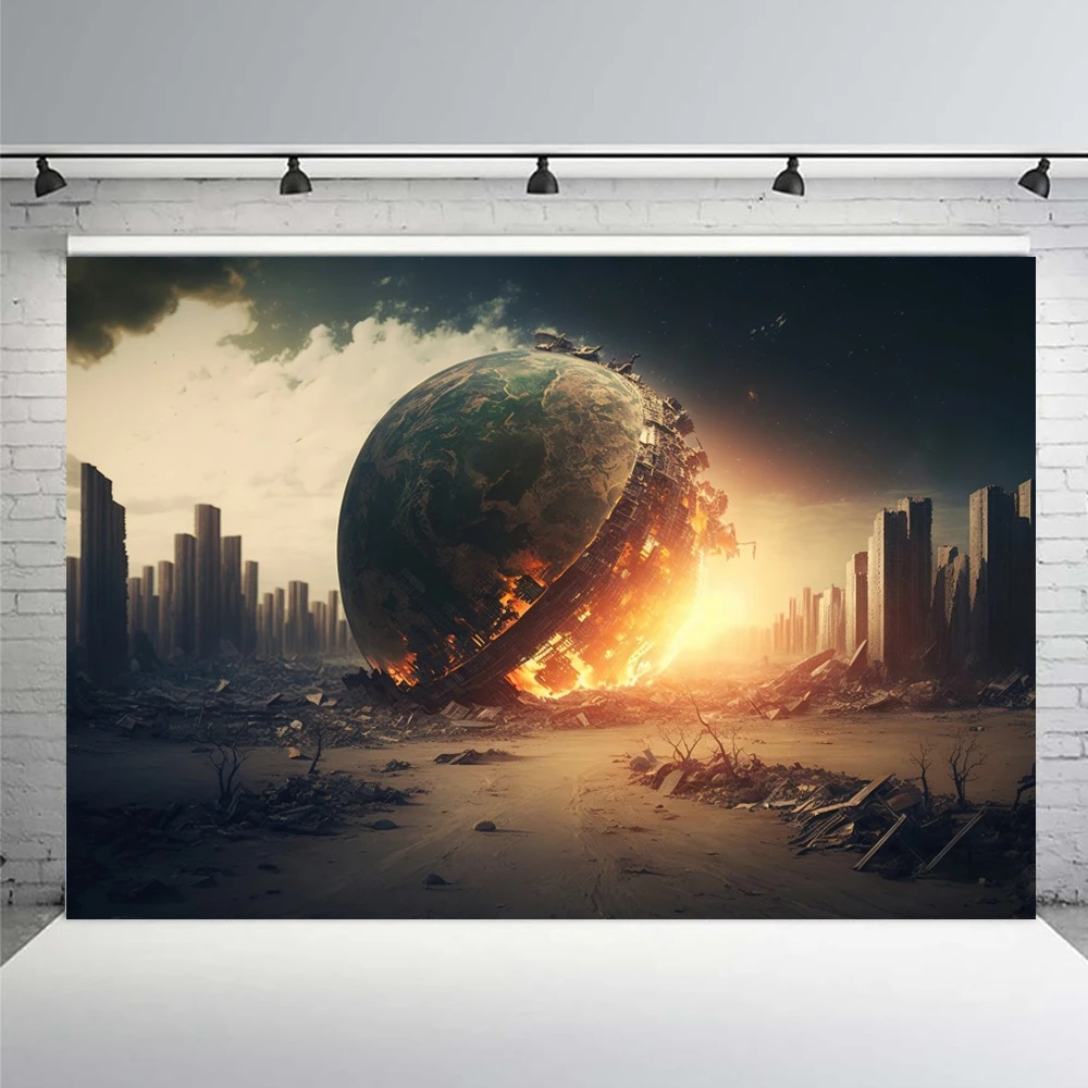 Ruined City Backdrop Doomsday Disaster Scenery Wildfire Burning Building Street Car Smoke Photo Background Studio Shoot Props photo backdrop