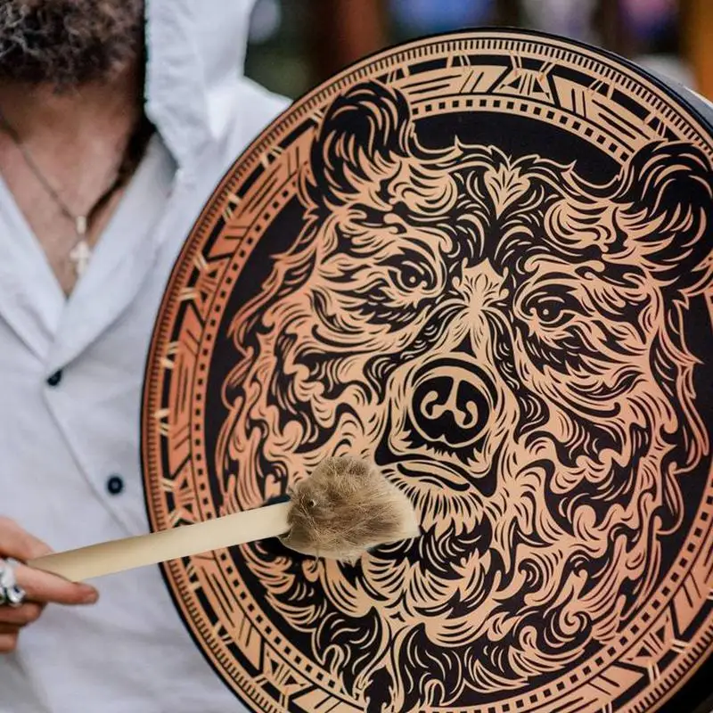 Shamanic Drum 10 Inches Circle Hand Drum With Bear Pattern Small Instruments With Drumstick For Women Men Boys Girls Adults