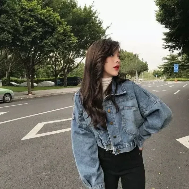 여성용 데님 짧은 재킷, 다목적 루즈핏 크롭 탑, 긴팔, 용수철 가을, 새로운 스타일, 한국 버전