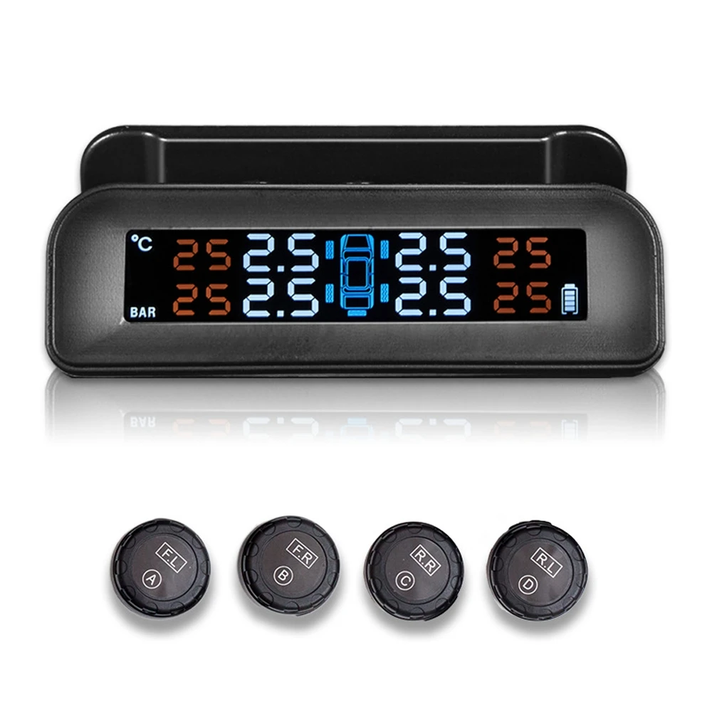 

Car Solar Powered TPMS Car Tire Pressure Monitor System Wireless 4 Outer Sensors Color Digital