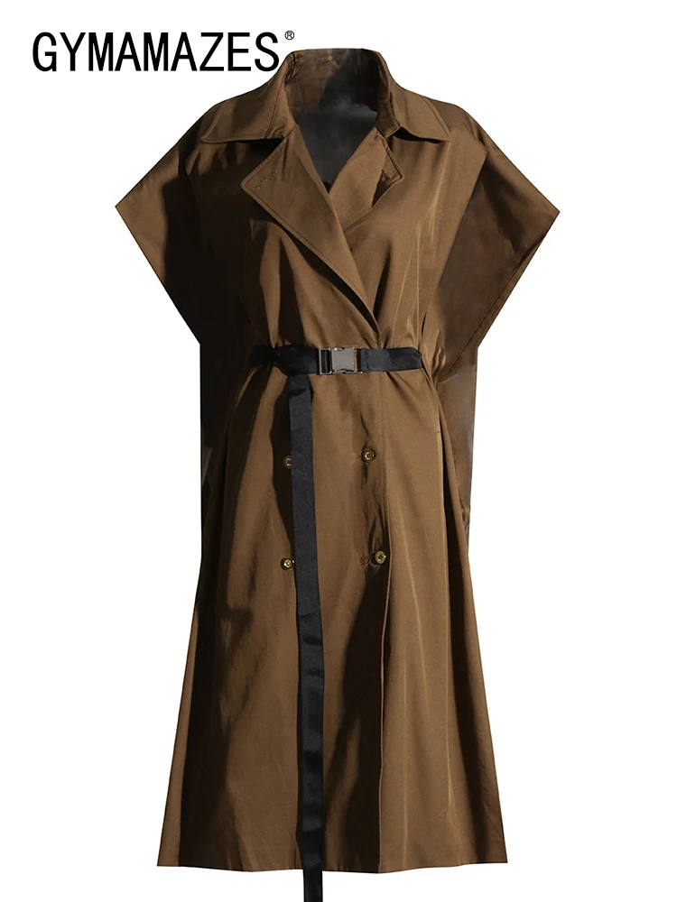 

GYMAMAZES Solid Temperament Trenches For Women Lapel Sleeveless Tunic Casual Patchwork Double Breasted Trench Female Fashion New