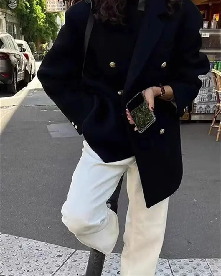Turn Down Collar Wool Coats for Women 2024 New Fashion Double Breasted Jacket Fall Winter Casual Solid Pockets Jackets