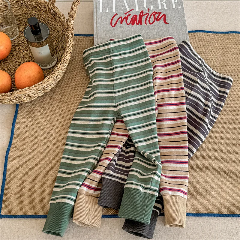2024 Spring New Children Cotton Striped Leggings Infant Girls Tights Toddler Casual Pants Baby Elastic Pants Kids Trousers