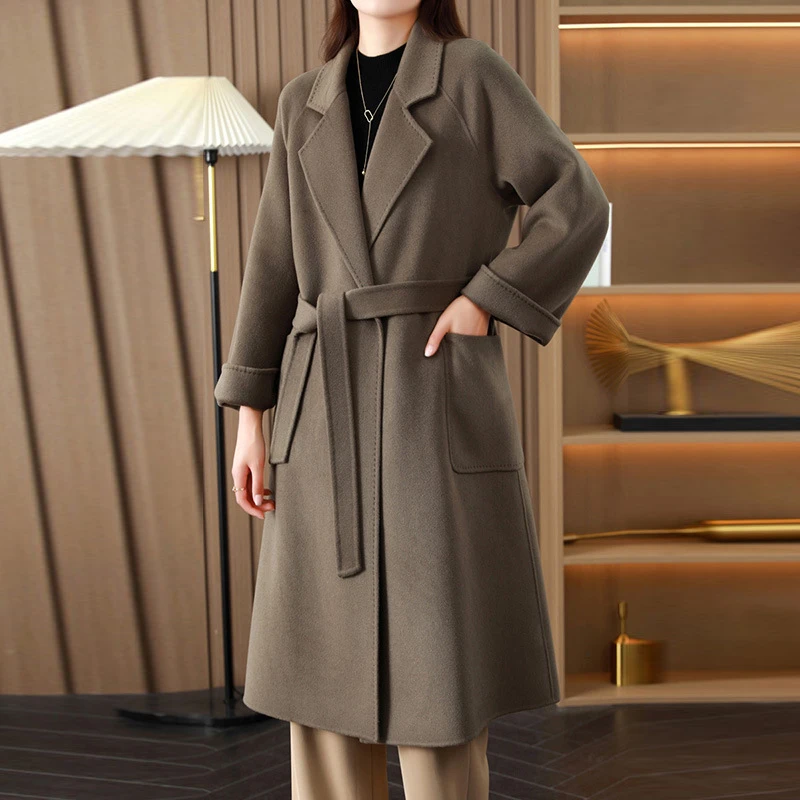 

Solid Color Turn-down Collar Pocket Woolen Jacket Autumn New Thicken Warm Woolen Jacket 2023 Women Belt Simple Style Woolen Coat