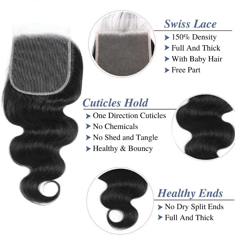 5x5 Lace Closure Body Wave Human Hair Natural Color Brazilian Virgin Hair Swiss Lace Closure 10-22 inches Soft and Silky