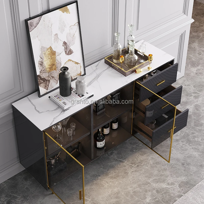 New design dining room furniture gold stainless steel wine cabinet with drawer silver wall cabinet