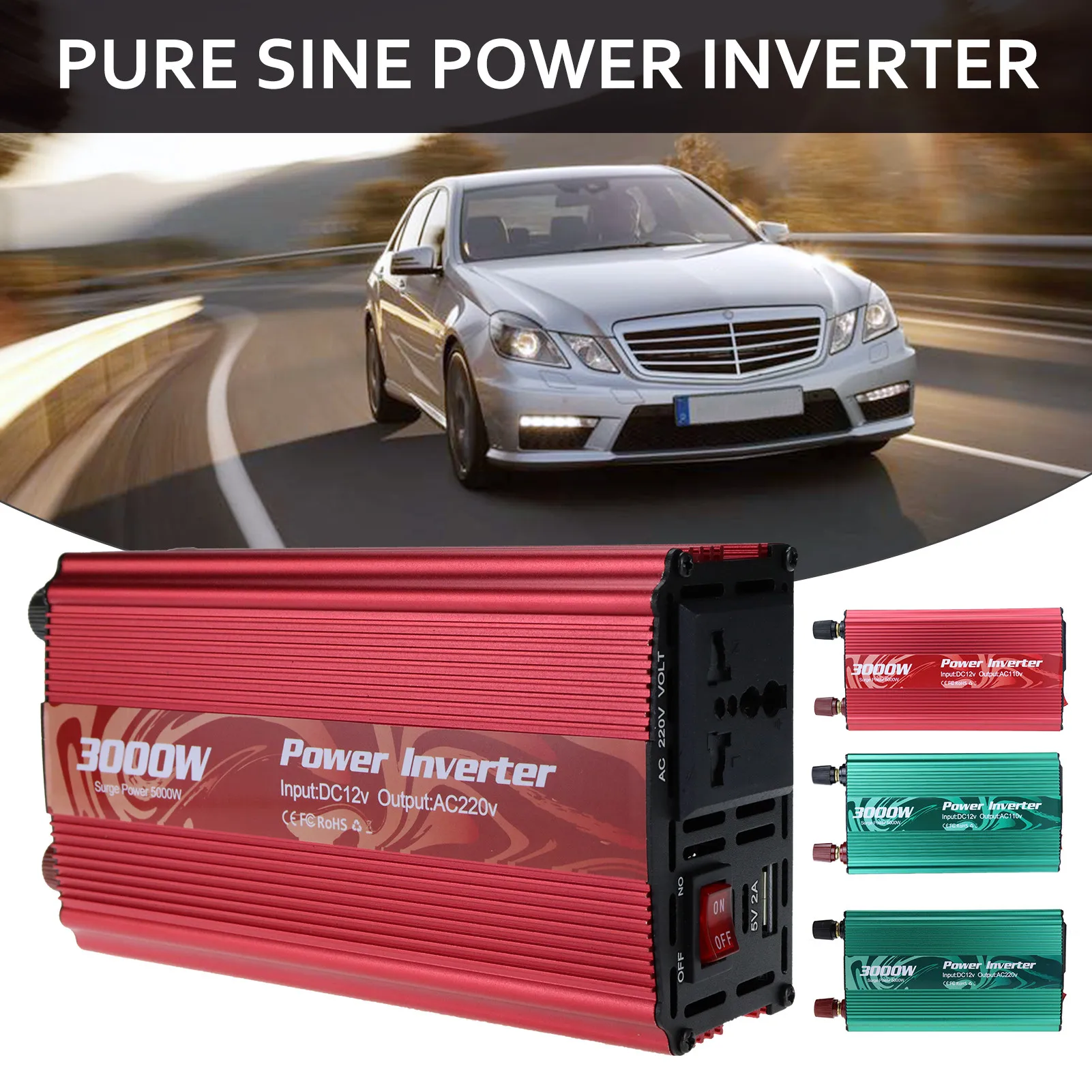 

3000W Car Power Inverter 12V To 110V / 220V Converter Power Inverter Pure Sine USB 2.1A Charging Ports Charge Your Laptop Smart