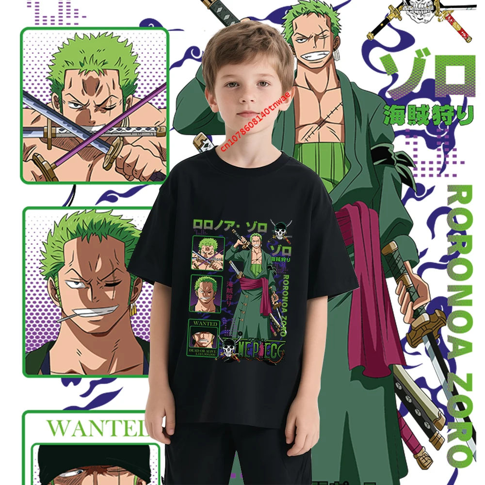 Kinder-T-Shirt aus reiner Baumwolle mit japanischem Anime One Piece Zoro Cartoon-Print, bequemes Jungen-T-Shirt für atmungsaktive Jungen-Oberteile