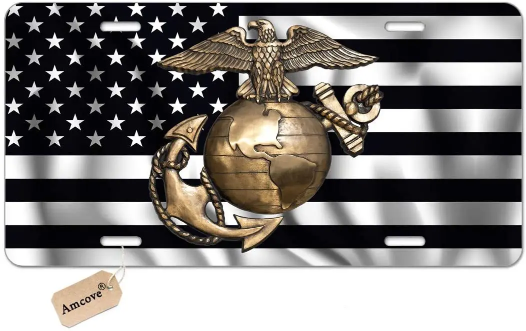 Amбухта USMC, черный флаг, номерной знак морской пехоты, эмблема морской пехоты на черном и белом флаге, декоративный автомобиль спереди