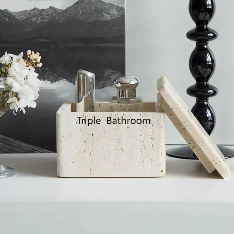 Natural Cave Stone Bathroom Cotton Swab Storage Box Retro Travertine Jewelry Perfume Storage Container Home Accessories 4