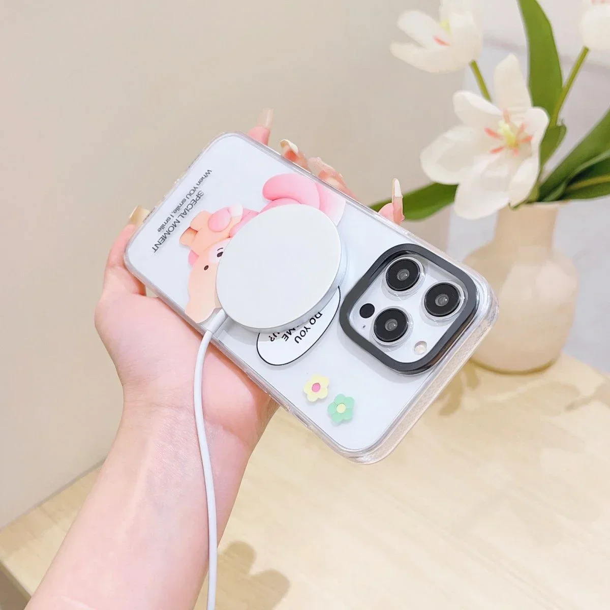 MagSafe Transparent Border Pink Rabbit Phone Case Cover for IPhone 13 14 15 Pro Max Case for IPhone 15 Pro