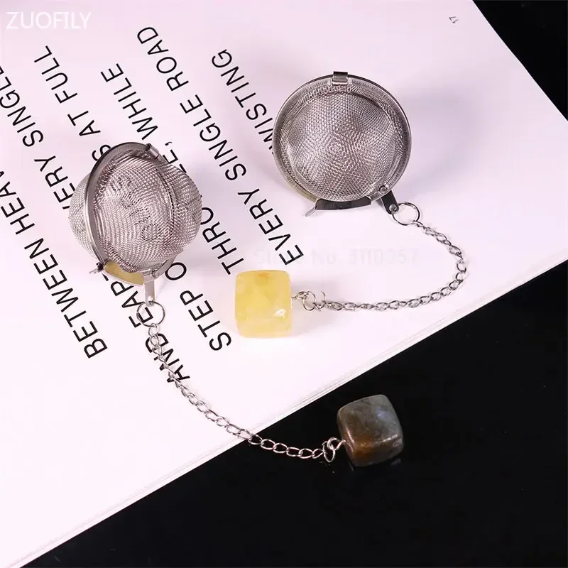 New Natural Crystal Square Stone 304 Stainless Steel Tea Infuser Mesh Filter with Chain Tea Strainer Teapot Spice Seasoning Ball