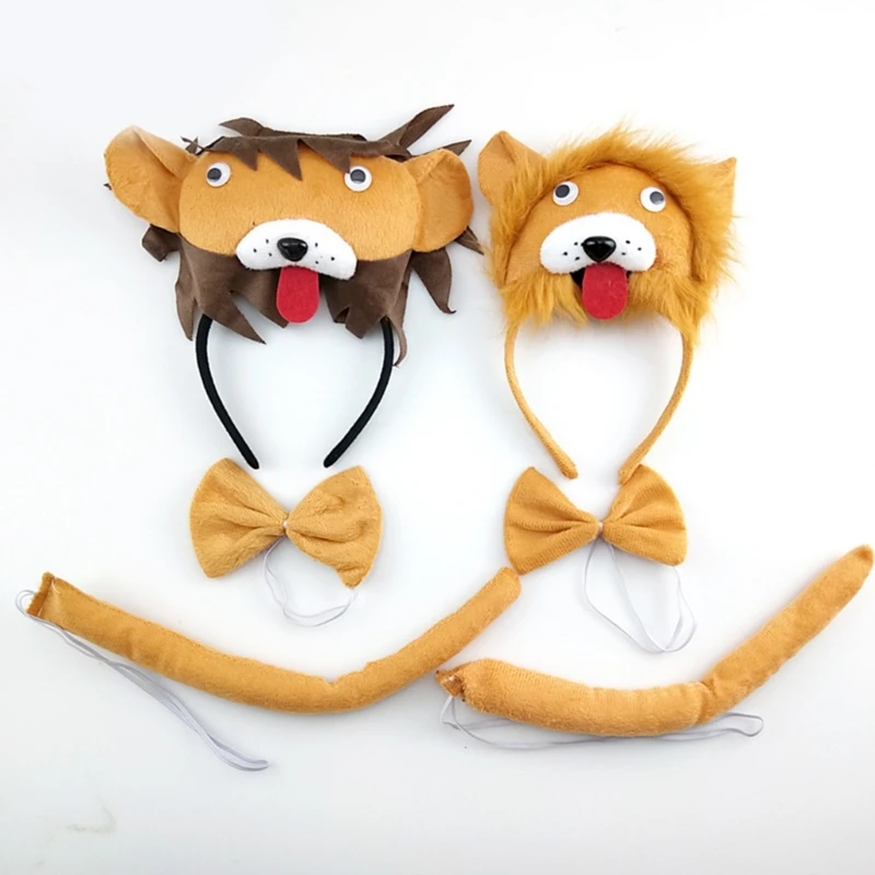 Children Cosplay Accessory Plush Lion Headband/Bowtie/Tail Pretend Play Costume