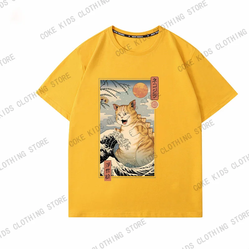 Japanese Anime Style Cat Printed Summer Cotton Child T Shirts Fashion Outdoor Sports Loose Tees Unisex Y2k Daily Street Clothing