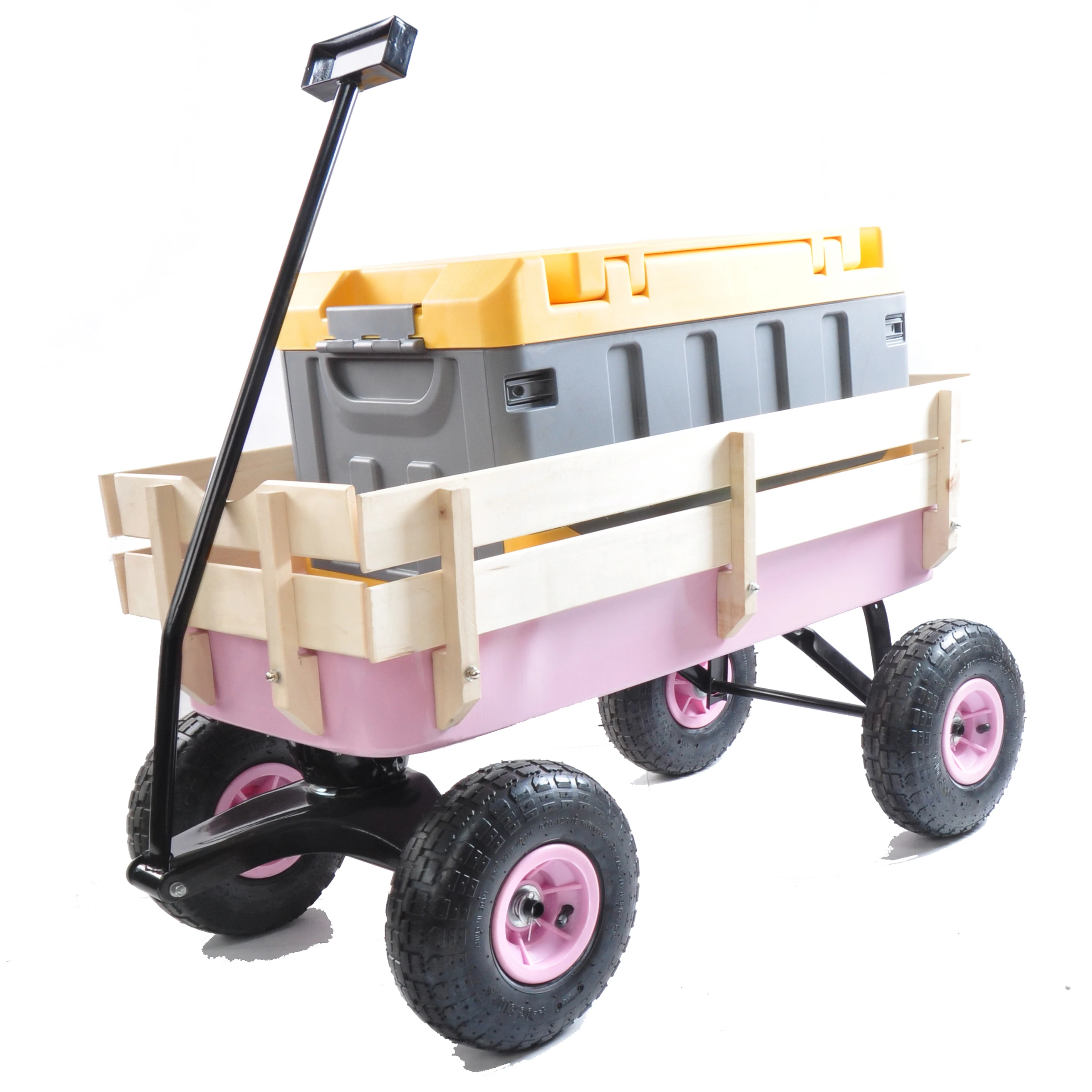 Outdoor Sport Pink Wagon All Terrain Pulling w/Removable Wooden Side Panels  Air Tires Big Foot Panel Wagon Sturdy All Steel Wagon Bed Pull-Along