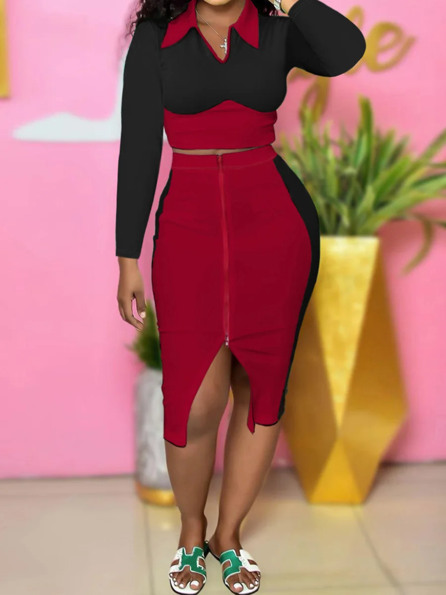 LW Patchwork Black and Red Two Pieces Dresses Suits Elegant 2pcs Matching Outfits Long Sleeve Crop Top&Zipper Design Skirts women photography props maternity dresses pregnancy white full sleeve top pants 2pcs set studio shooting photoshoot clothes