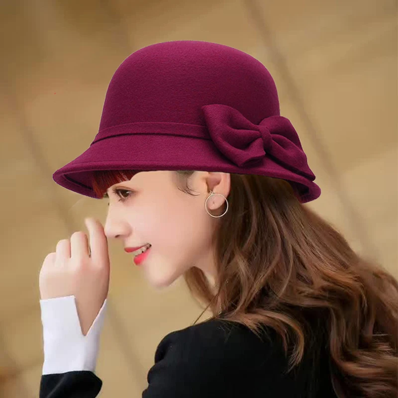 Fashion Hat Vintage Women Bucket Cap Solid Bow Woolen Felt Fedoras Hat Female Winter Autumn Ladies Dome Felt Wedding Church Jazz Caps Bowler