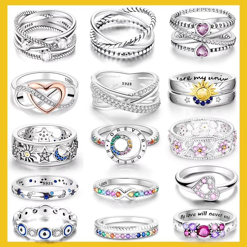 925 Sterling Silver Rings for Women Original Wedding Engagement Gifts Stackable Star Moon Heart Flower Ring silver rings