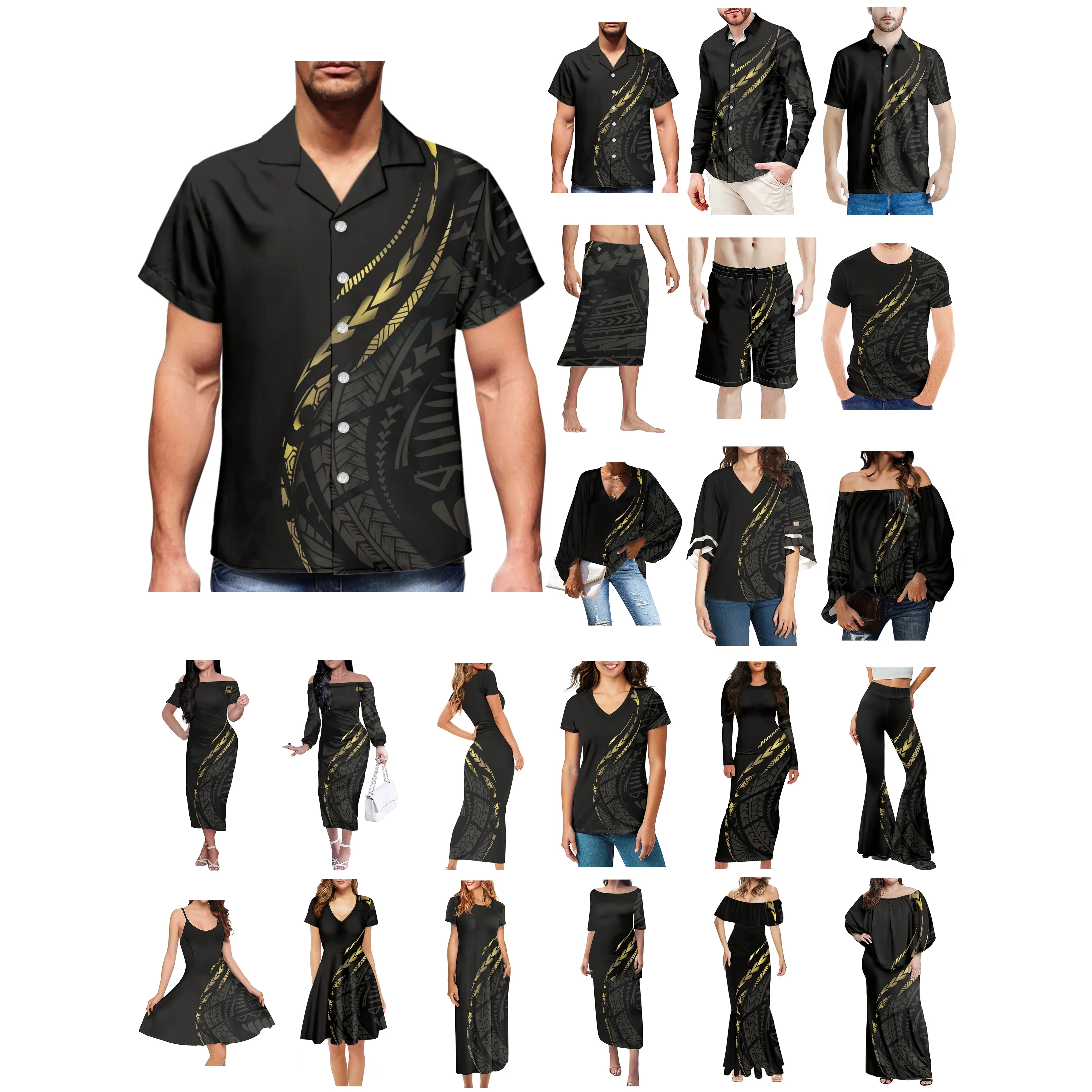 

Polynesian Tonga Hawaii Fiji Guam Samoa Pohnpei Tribal Tattoo Prints Clothes Women Dress Matching Men Shirt Black Lover Wear NEW