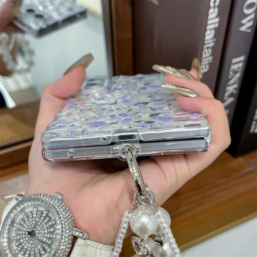 Cute Purple Blueberry Print Wavy Glitter Clear Phone Case with Pearl Wrist Strap