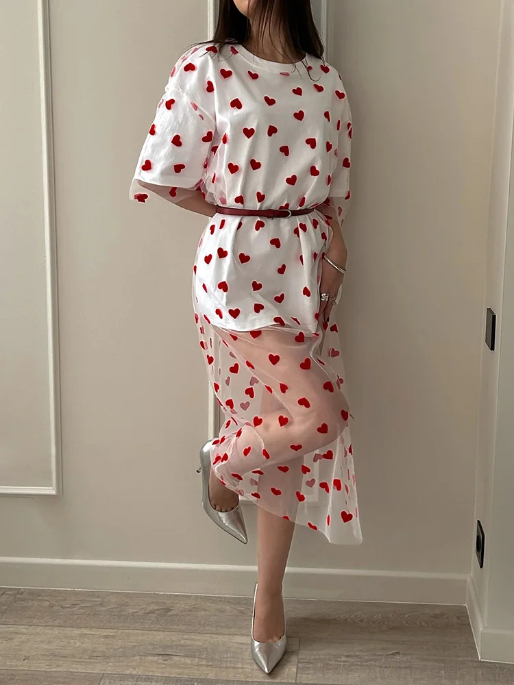 Long Mesh T Shirt Dress For Women Short Sleeve Heart Tulle Fake Two Piece Dresses WOmen's White Loose Maxi Dress With Heart Red