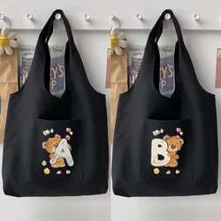 Woman Shopping Bag Handbag Canvas Shoulder Bag Casual Cute Bear Letter Pattern Printing Lady Tote Bag Commuter Basic Vest Bag