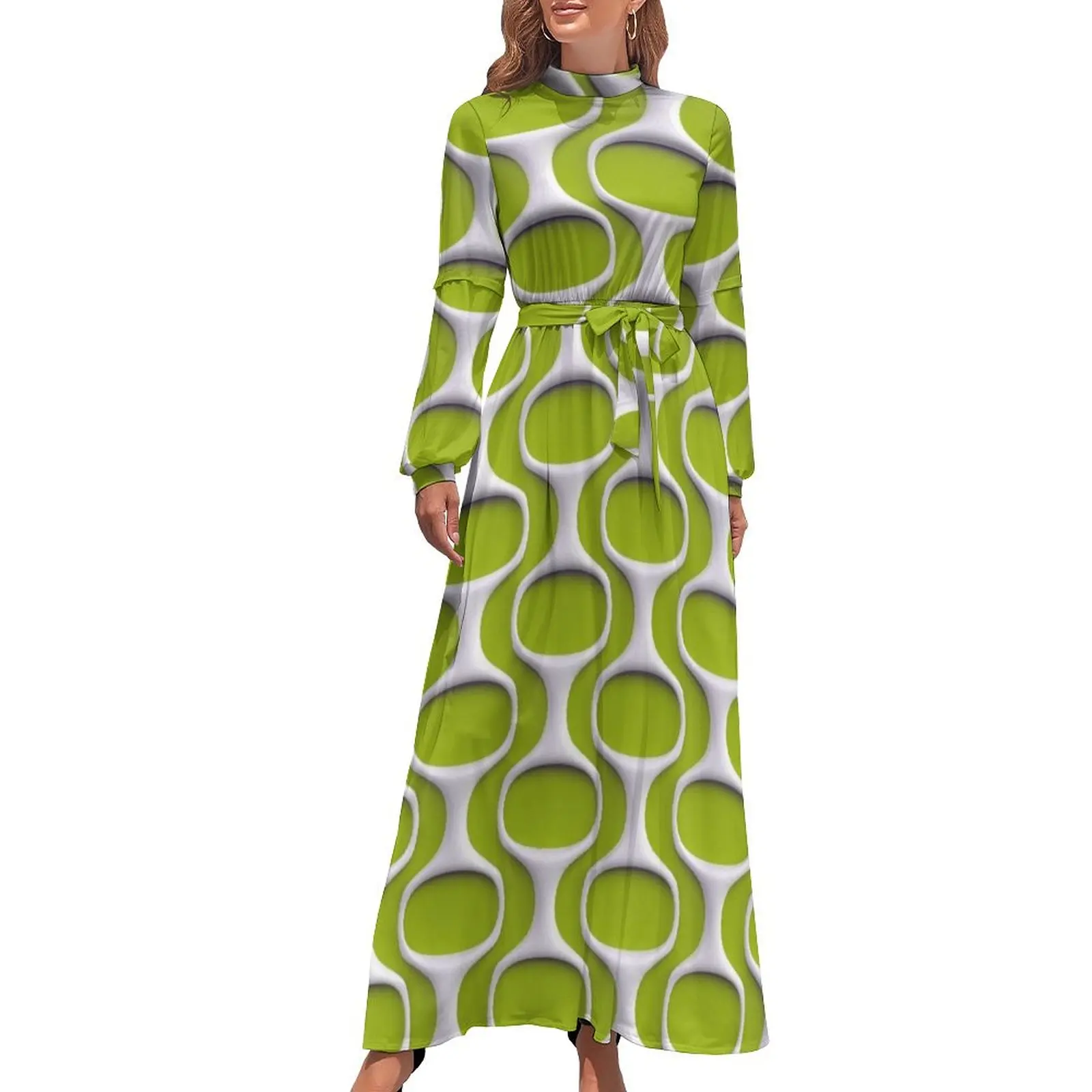 thumbnail image 1 of Patrón retro MOD de los años 60 en vestido largo verde Vestidos largos con velo Vestido de mujer, 1 of 5