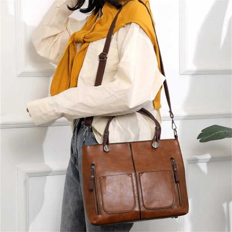 Retro Leather Handbag Shoulder Bag for Women with Double Pocket, Large Capacity, Vintage Lady's Tote Bag, Simple Crossbody Bags