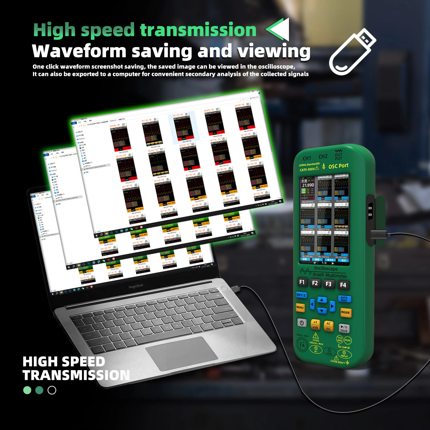 BSIDE Handheld Oscilloscope 3-IN-1 Digital Multimeter+Function Signal Generator Dual Channel 25MHz*2 Vol 6000A Current Tester 4