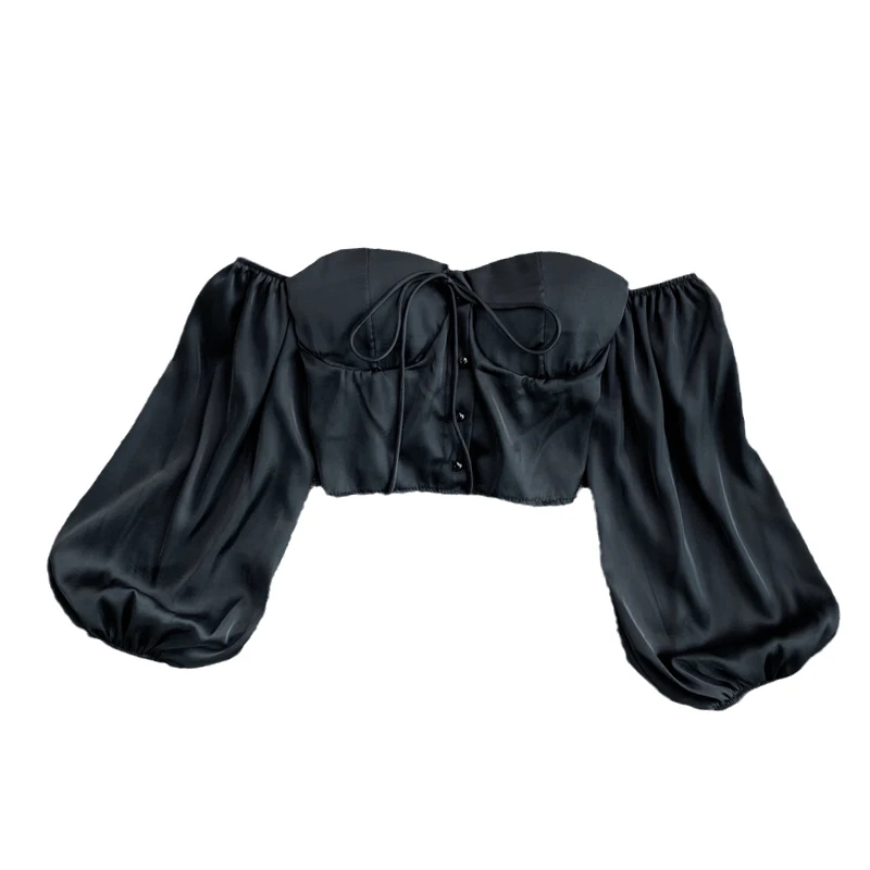 Sexy Off Shoulder White Satin Shirt Female Strapless Puff Sleeve