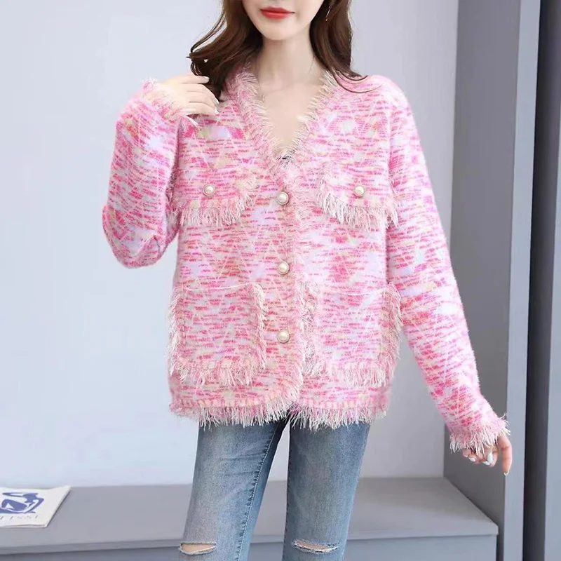 

2023 New V-Neck Single-breasted Imitation Mink Knitted Women's Cardigan Tassel Vintage Long Sleeve Korean Fashion Female Cardiga