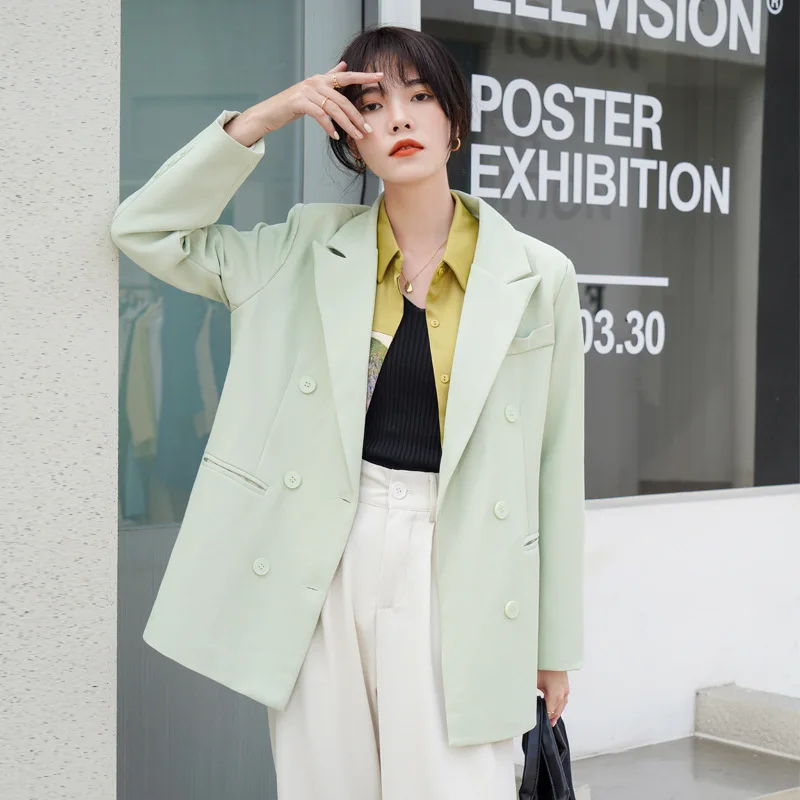 

Loose Casual Blazer for Women Elegant Suit Jacket 2024 Spring New OL Lazy Double Breasted White Long Jacket Coat Blazers Femme