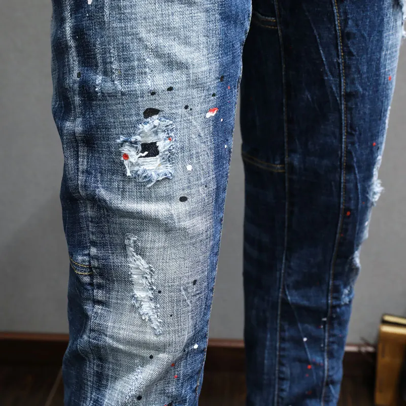 Street Fashion Men Jeans Retro Blue Painted Elastic Slim Fit Ripped Jeans Men Spliced Designer Hip Hop Denim Pencil Pants Hombre