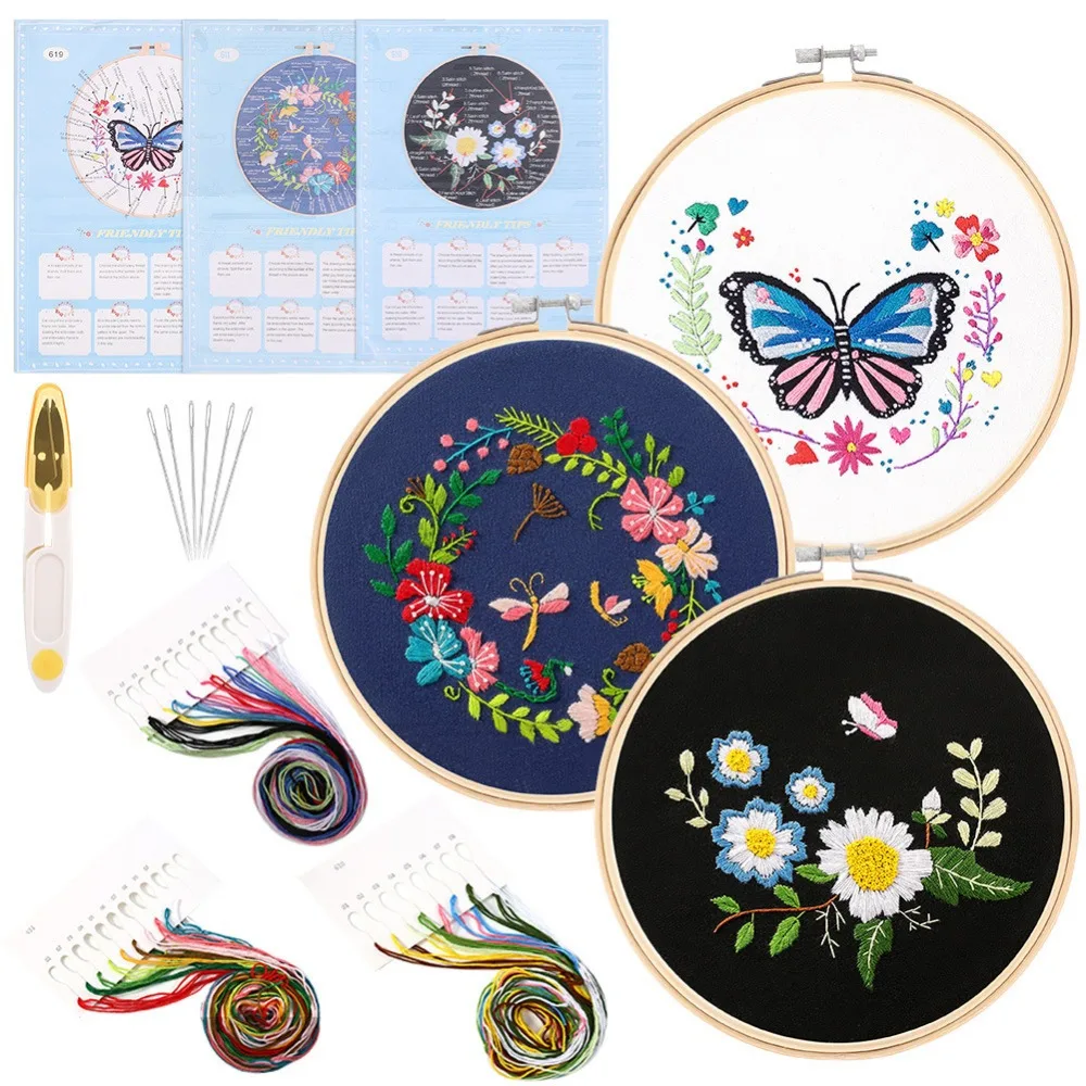3 Sets Kreuzstich-Sets für Anfänger und Erwachsene, einschließlich Stickstoff mit Blumenmuster, Stickrahmen, Faden und Werkzeugen