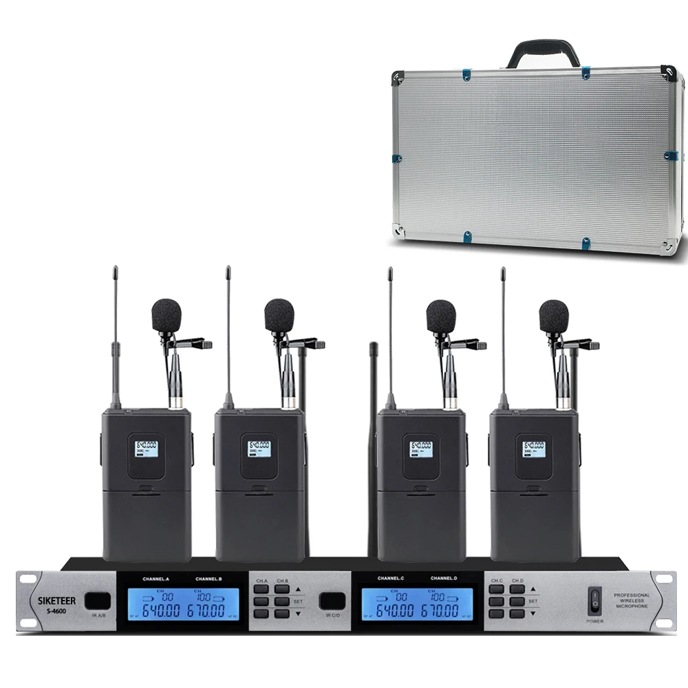 

Professional UHF wireless microphone 4 channel lavalier condenser microphone for church school outdoor stage microphone