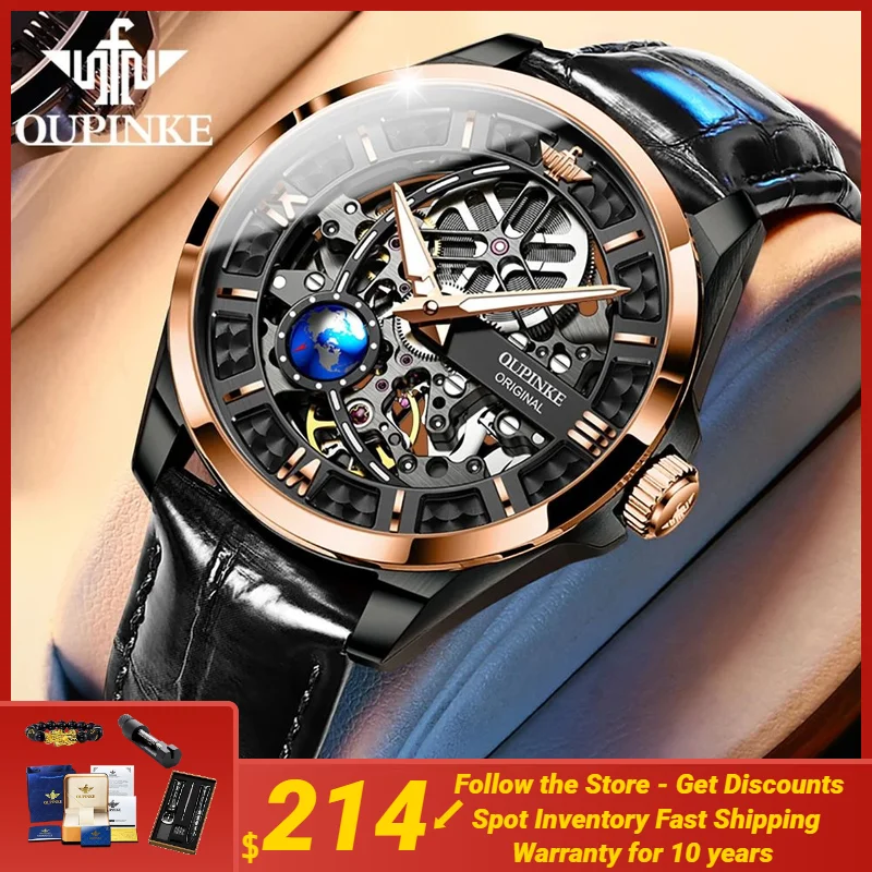 Mechanical Watch OUPINKE Men Automatic Mechanical Watch Skeleton Design